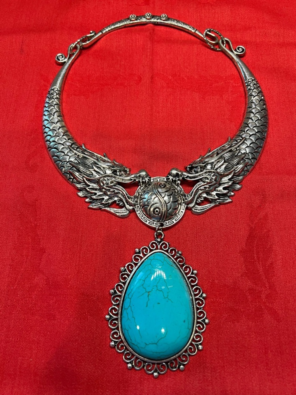 Vintage Silver Dragon Choker Necklace w/Large Turquoise Medallion-